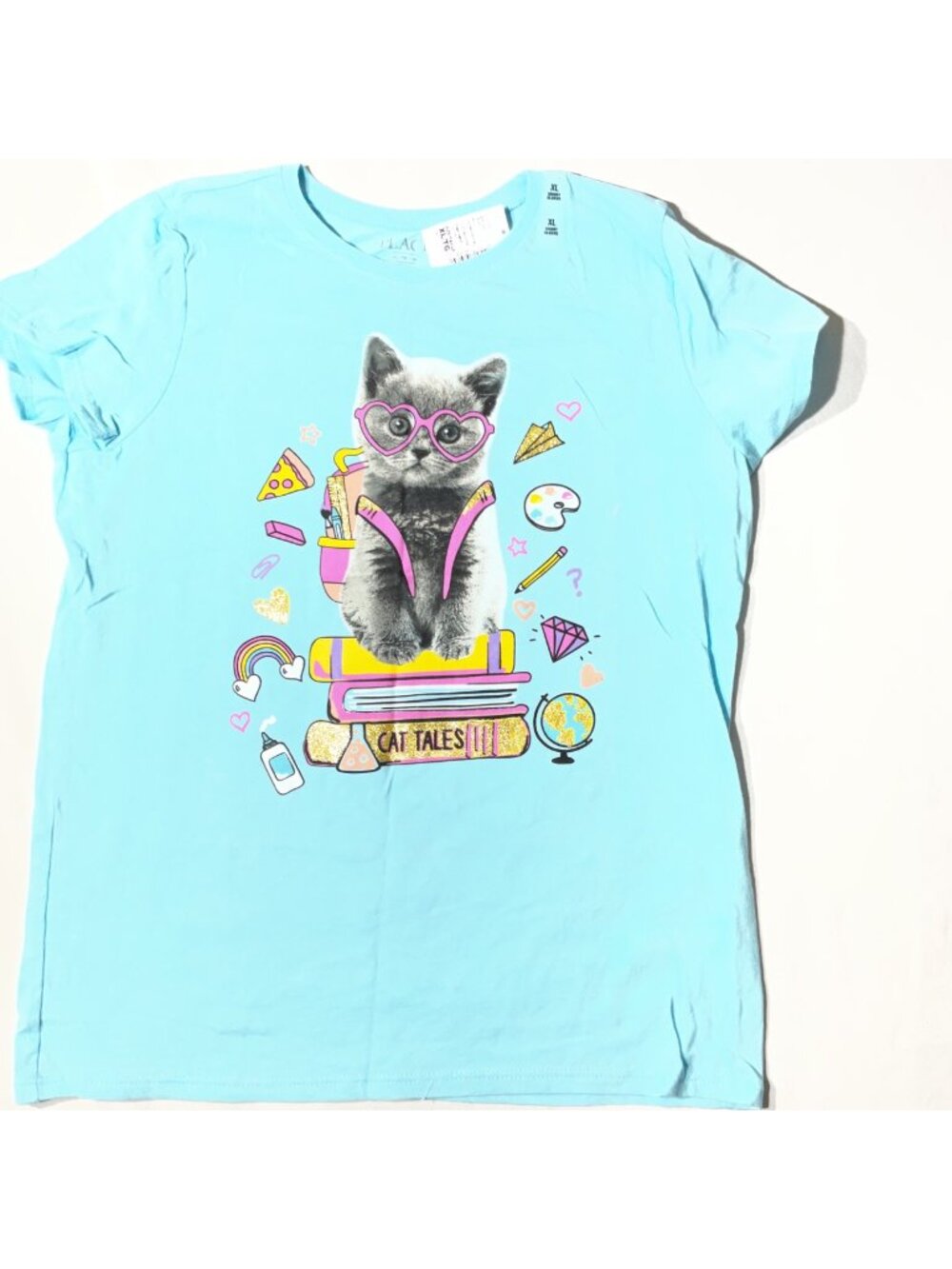 Girls Blue Cat Graphic T-Shirt XL Short Sleeve With Fun Design